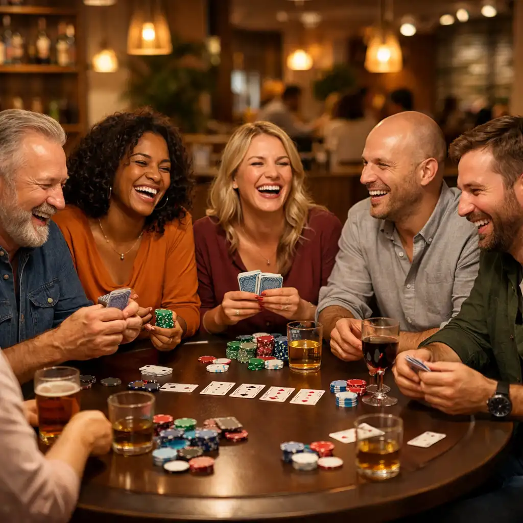 Skupina přátel se směje během pokerového večera