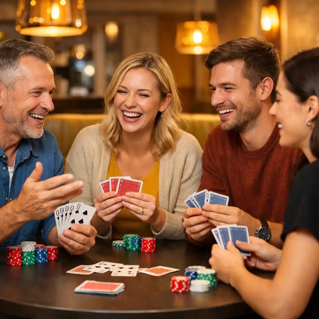 Hosté hrající přátelský poker u elegantně prostřeného stolu