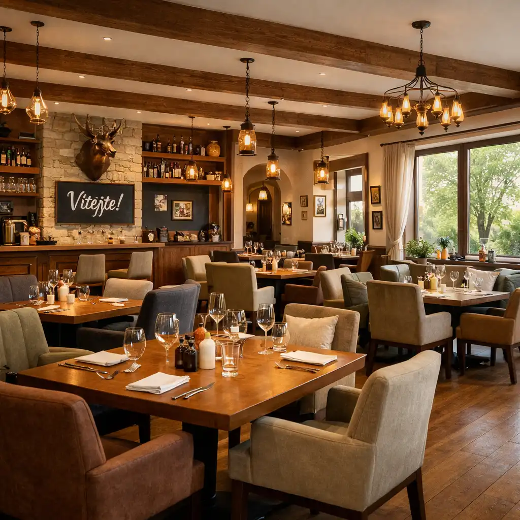 Atmosférický interiér restaurace Společná Chvíle s teplým osvětlením a pohodlným sezením
