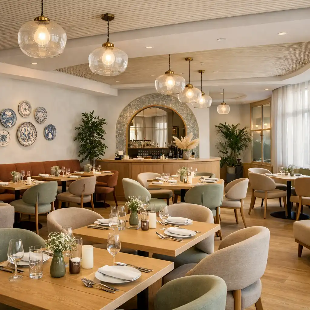 Hlavní jídelní prostor restaurace Společná Chvíle s prostřenými stoly a velkorysým prostorem