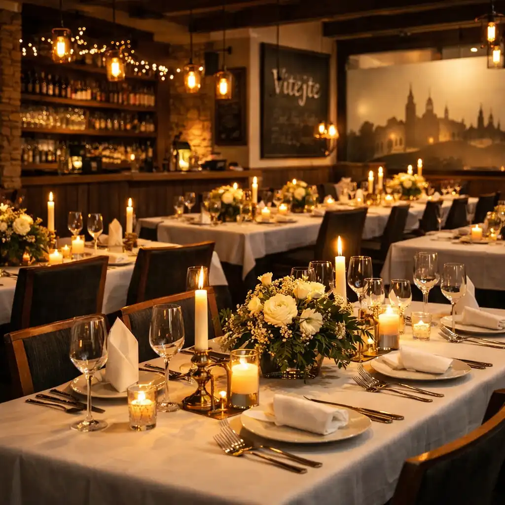 Atmosférický interiér restaurace připravený na soukromou oslavu